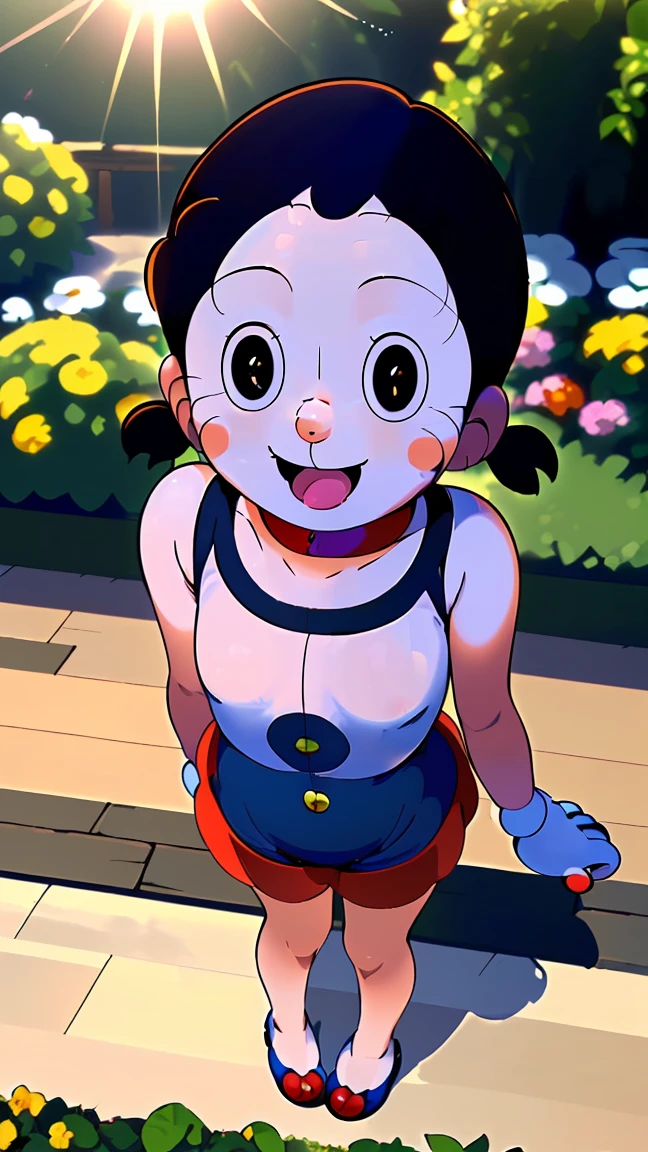 ((((minamoto shizuka/doraemon/)))),(((pov))),((full body)),((masterpiece)),((highest quality)),hyper extremely detailed,(thin entire outline),enlightenment,explicit,(((1girl:1.2))),dutch angle,black hair,((black eyes:1.2)),small nose,perfect body,beautiful body,beautiful character design,perfect eyes,perfect face,(((happy,smile,having fun,vimbrigant,look like fun:1.3))),perspiration,wallpaper,ultra high resolution,8K,photo shoot,beautiful legs,perfect feet,beautiful skin,fair skin,smooth skin,sweat,official style,official art,make a screen cap,((outdoor,private garden,sunshine,bright lighting:1.3)),