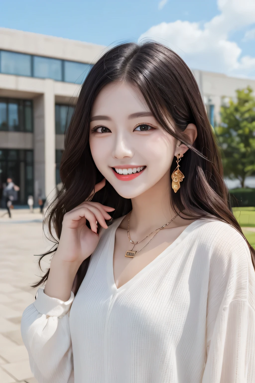 Highest quality, ,smile、Beautiful teeth alignment、Black Hair、Wavy Hair、Long sleeve blouse、ear piercing、necklace, , Face Focus、The background is the building's corridor.