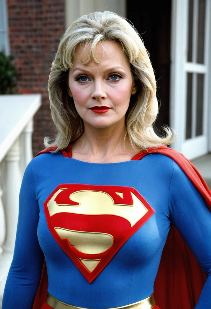 super old Jean Smart Supergirl 1980s costume; HD. Photograph, ((realism)), extremely high quality RAW photograph, ultra detailed photograph, sharp focus, high resolution, (detailed skin:1,3),high quality, film grain, Fujifilm XT3,Highly Detailed, movie, (Cinematic Photo:1.3) of (Realistic:1.3), by John Byrne/Jerry Ordway