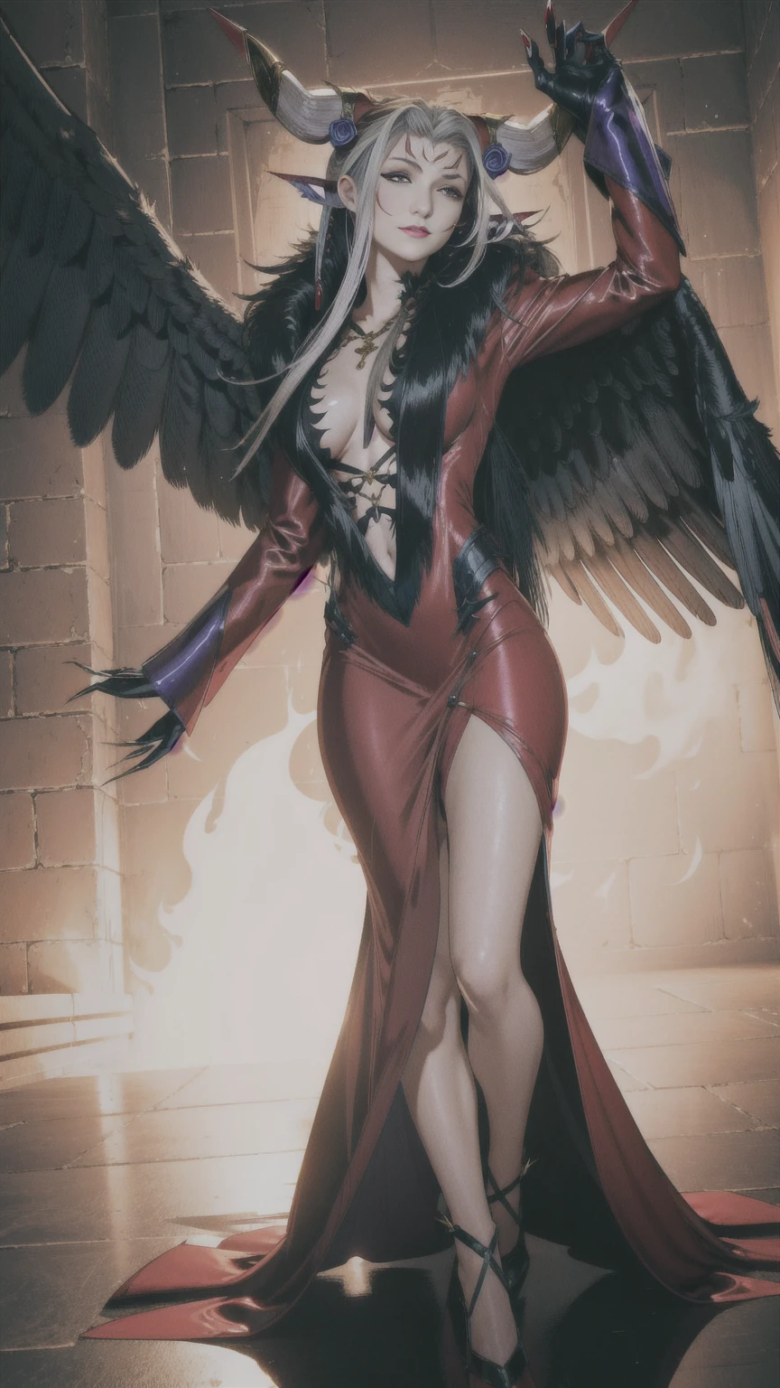 masterpiece, realistic, hyperrealistic, best quality, ultimecia, horns, red dress, plunging neckline, feather trim, black wings, facial marks, claws, full body, smirk