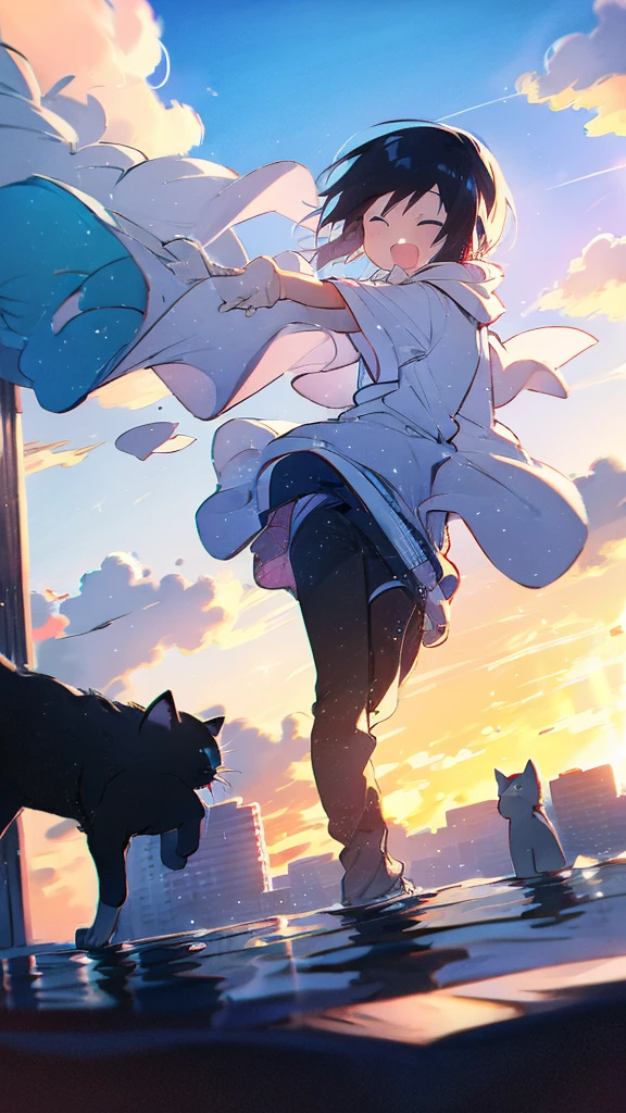Buildings,sunset,Blue background,splash,Black haired girl with cat