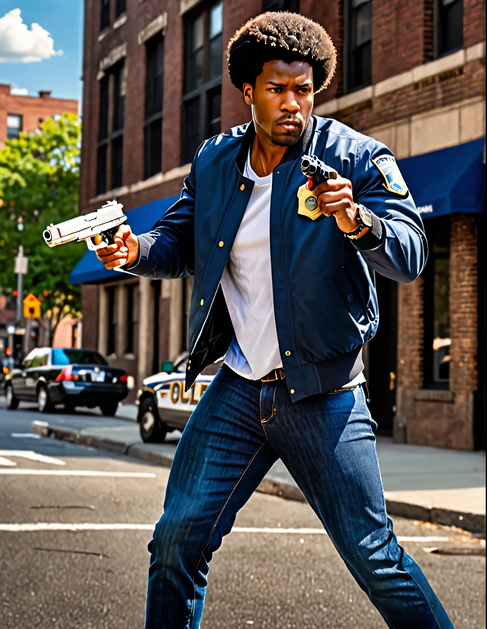 masterpiece, best quality, 1man, solo, solo focus, afro-american, dark-skinned male, new york police detective, dynamic action pose, holding weapon, holding gun, holding gun with two hands, aiming gun, (handgun, glock17), afro hair, brown hair, medium hair, brown eyes, white street shirt, blue varsity jacket, jeans, white tennis shoes, wristwatch, (badge hanging in the neck), action scene, looking away