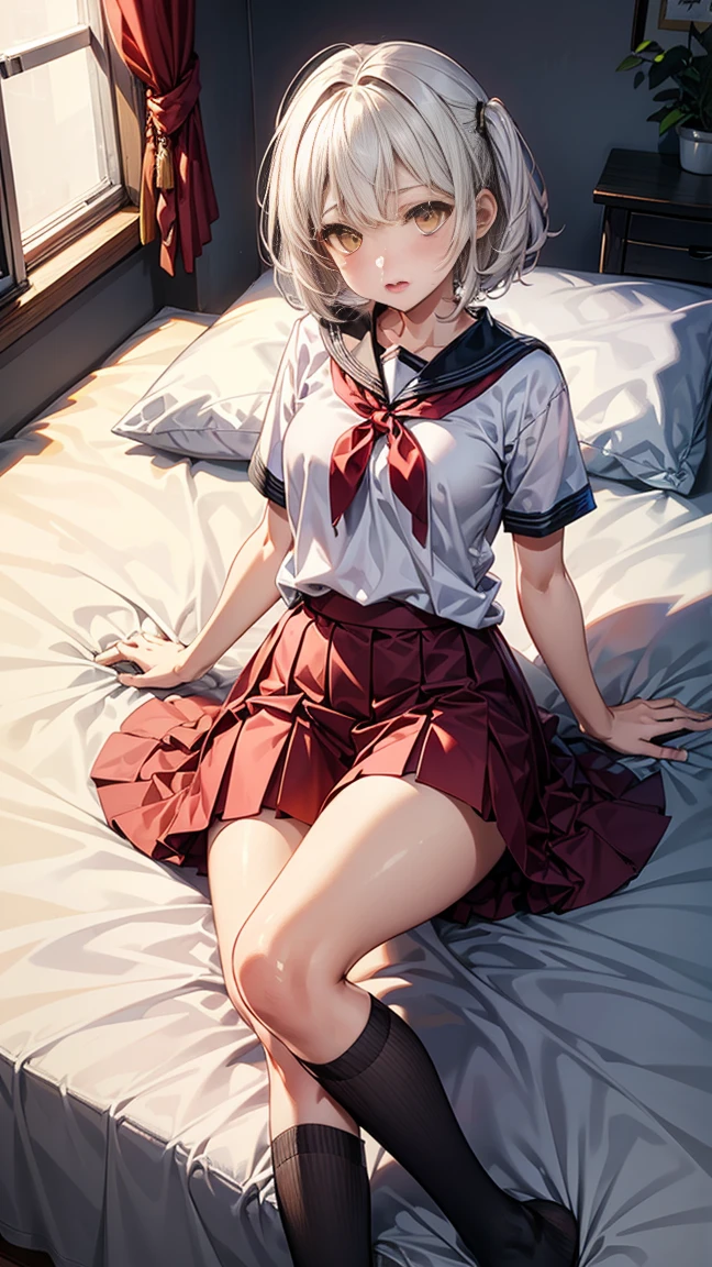 Short milky white hair,yellow eyes,lovely expression,a shy expression,black short sleeve,Red fluffy skirt,blackstockings,Lie down on the soft bed,tilt your head,baki,Open your little mouth
