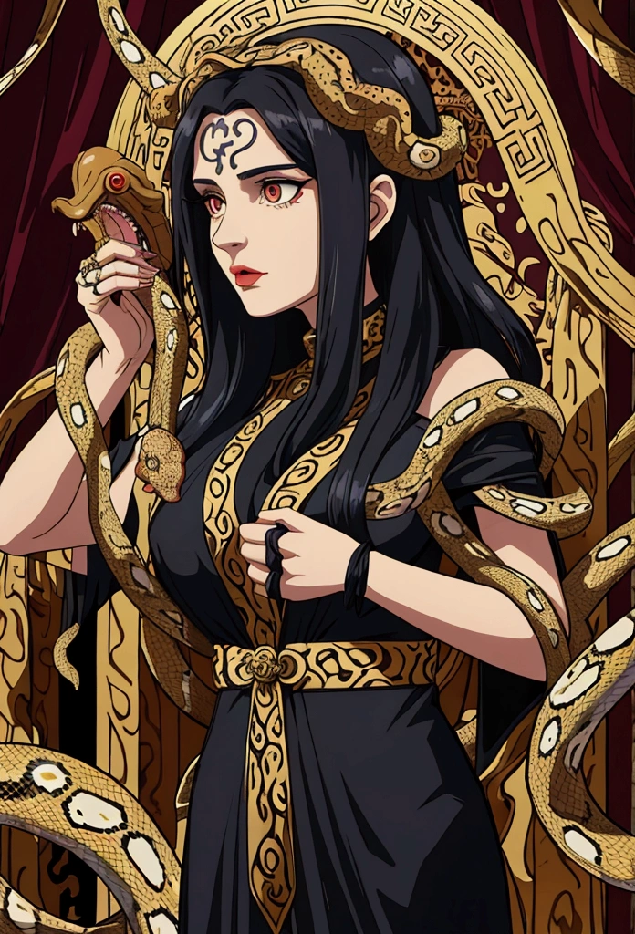 a closeup of a woman holding a snake and a snake, goddess hecate, hecate, beautiful female the gorgon, Eldritch Goddess of Horror, snake woman hybrid, supernatural goddess, snake woman, Lamia, goddess of greek mythology, Earth Goddess Mythology, queen of snakes, octopus goddess, the gorgon, pagan goddess, nyarlathotep
