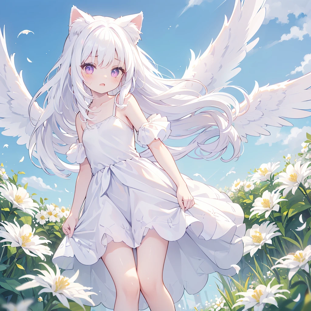 ((One girl)), (Standing diagonally facing forward:1.2), (Slightly bulging chest), (Slightly healthy tanned skin on face), (reddish-purple eyes, (mouth open with joy:1.2)
BREAK
(White cat ears:1.2), Inside the cat ears is paw-colored,
BREAK
(Pure white hair:1.6), (Softly curled pure white hair:1.6), (The hair under the cat ears behind the side hair flows forward and curls strongly on the collarbone:1.6), (Other hair is devided into several strands:1.6), (drill-hair divided into several strands:1.4), (Hair is down:1.3), (Hair is on shoulders and weighing down:1.6),
BREAK
(Pure white wings on upper body:1.2), (straight wings:1.3), (small wings:2.0),
BREAK
(simple dress made entirely of white:1.5), (dress with slightly exposed shoulders:1.1), (waist tied with string:1.3), (plenty of gathers below the waist:1.4), (dress reaches the knees:1.6), dress has no decoration, petticoat is white or absent,
BREAK
(wide green grassland:1.6), (lots of white flowers:1.6), (wide clear blue sky:1.4)