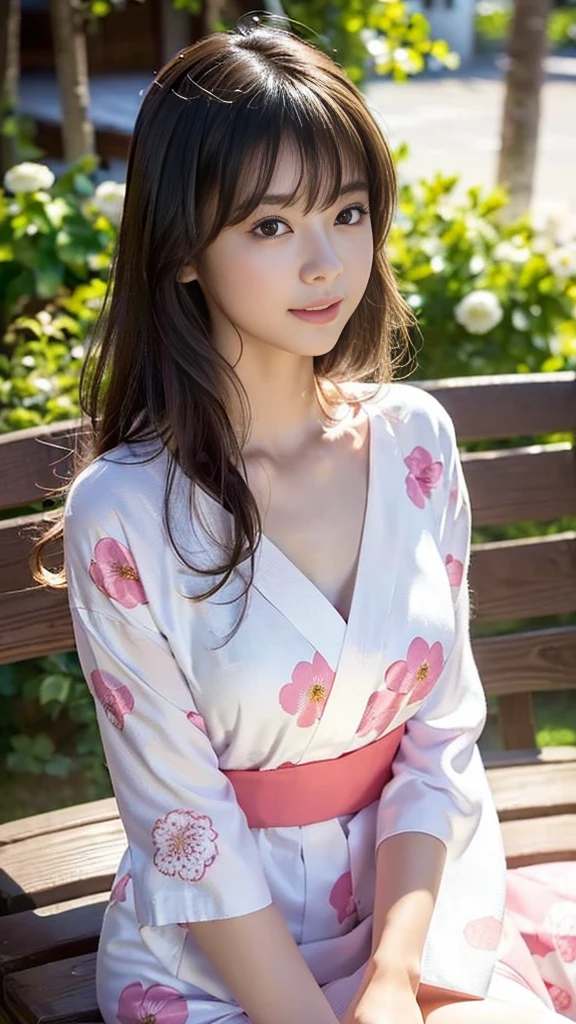 masterpiece, Highest quality,16K, Ultra-high resolution,The light and shadow of reality,Cinema Lenses,((Very skinny)),((Her waist is so slim and beautiful)),((High nose、Small Mouth)),((Clean and slim face line)),((Big dark eyes with long eyelashes)),((Very small face))((Very slim and beautiful arms)),((She is very slim and has a great figure)),((Pure white beautiful skin)),((Cute Japanese Girls)),(((Pink floral dress、yukata))),((Sitting on a bench in a stylish cafe)),(Beautiful Eyes:1.1),Reflecting clear eyes and a gentle smile,