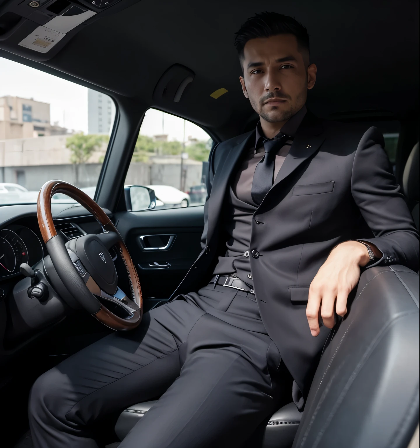40 years old,One Man,Black suit,mafia、Inside the car,Legs wide open,The crotch area of the pants is bulging,logic,Gay ,Very short、Very Short Hair、Stubble,Faces of the Turks。