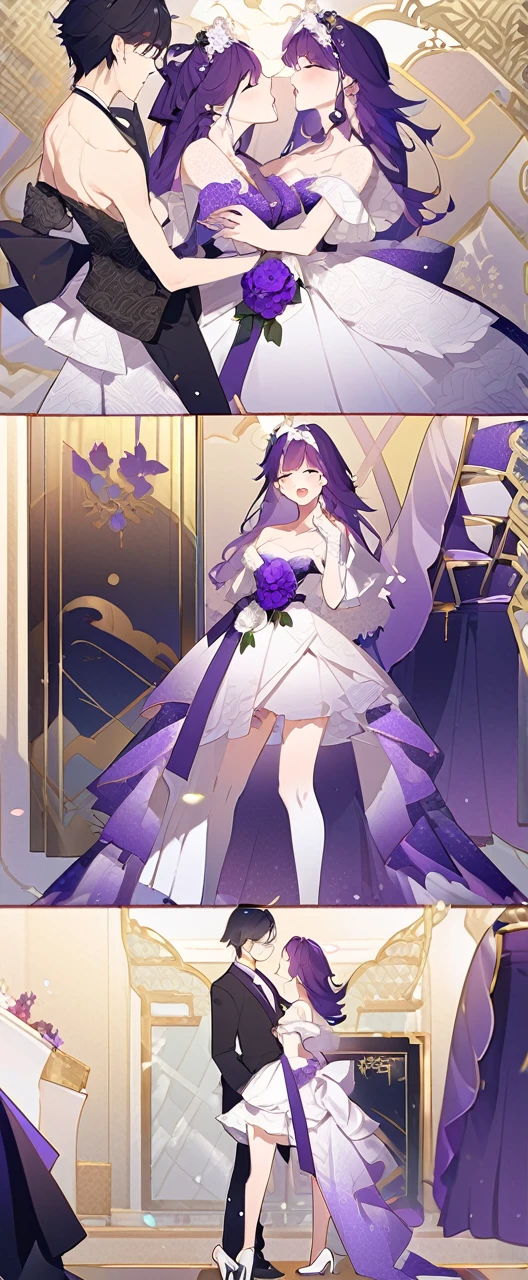 Male to female，Purple Golden Dragon Girl，design，性感Fun，White and purple lace hollow，紧身Fun，Wedding high heels，front，kiss，beautiful girl，Fun