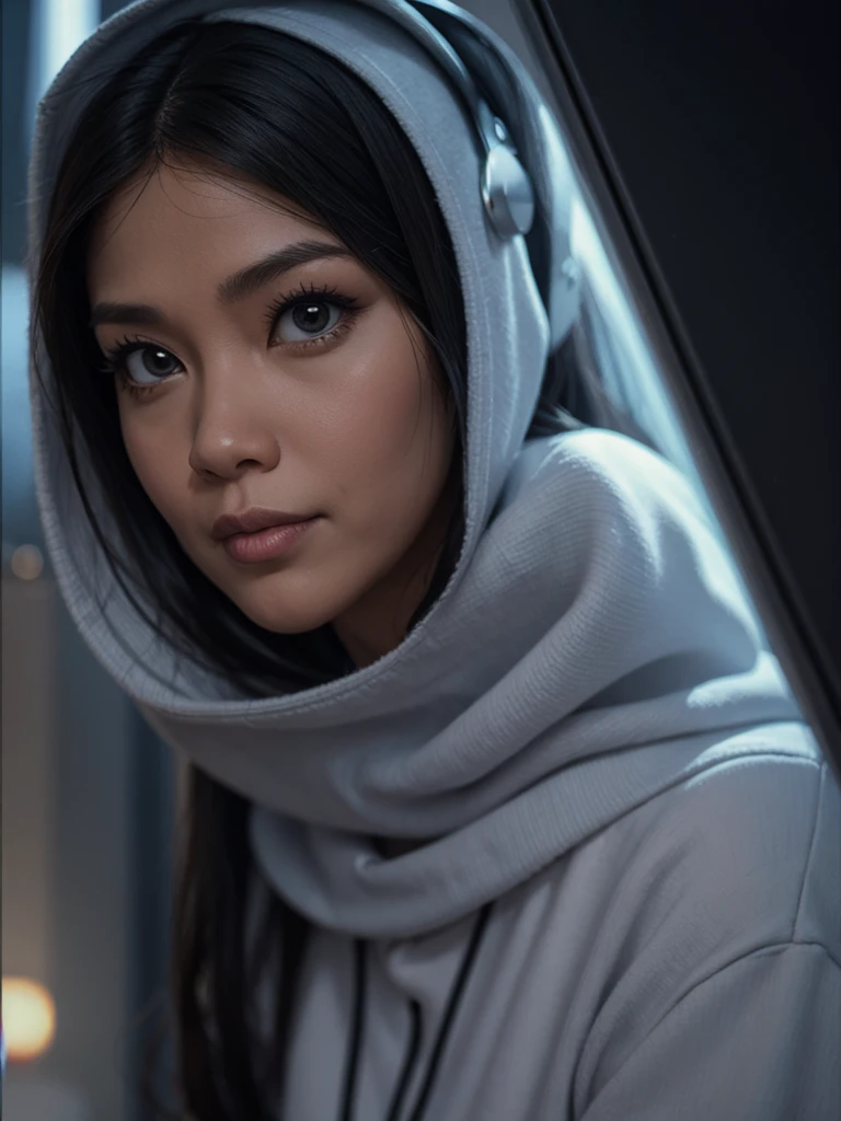 Realistic 4D caricature with a big head of an Indonesian woman aged 40yo,thin body, wearing a sweater, jeans, sneakers, sitting in floor with his hand on his chin, black and silver gradient background,Pixar style,3D rendering