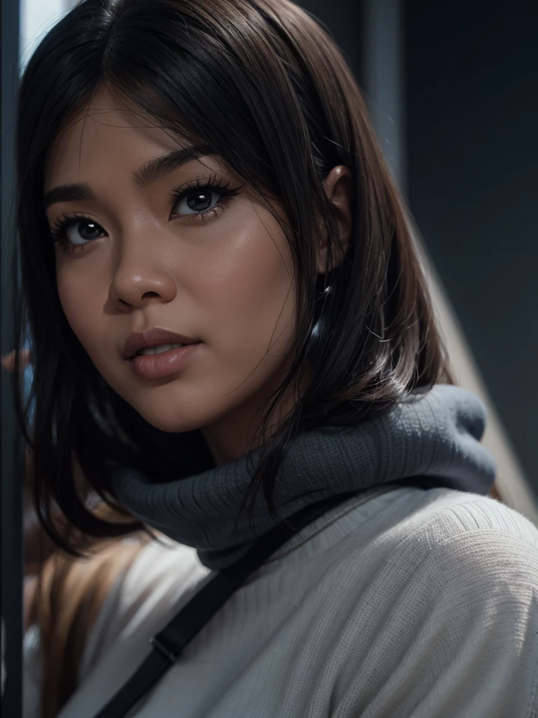 Realistic 4D caricature with a big head of an Indonesian woman aged 40yo,thin body, wearing a sweater, jeans, sneakers, sitting in floor with his hand on his chin, black and silver gradient background,Pixar style,3D rendering