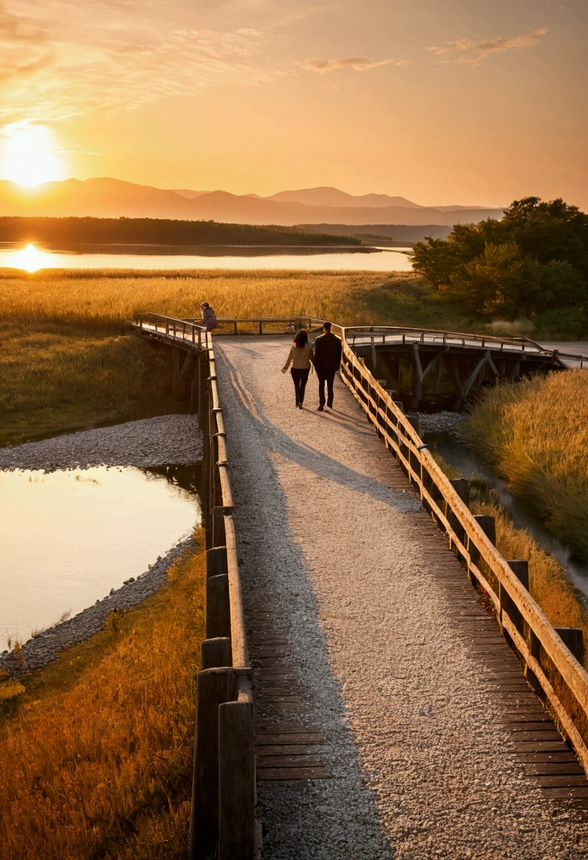 A large lake with a bridge on the other side、couple、Gravel road、Sunset、Strong winds