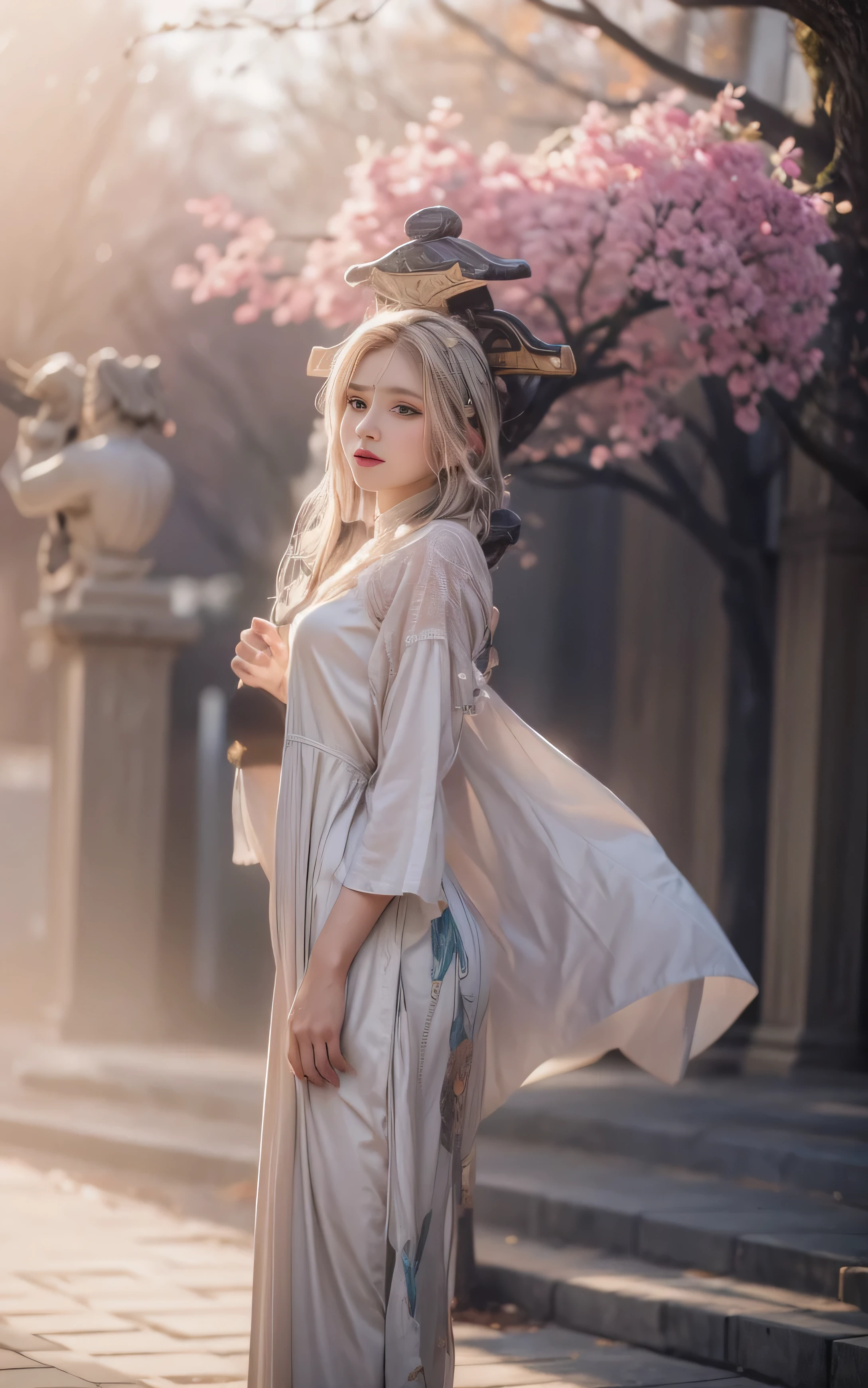 (Best quality,A high resolution,Masterpiece:1.2),Ultra-detailed,Realistic:1.37,Traditional portrait style,Detailed face and eyes,Beautiful lips,fine brushwork,soft, Flowing hair,Delicate flowers in the background,Subtle color palette,Soft lighting,A seamless blend of realism and fantasy,Ethereal atmosphere,Traditional beauty,tempting pose,Vintage clothing,Vivid but not overwhelming colors,subtle texture,Meticulous attention to detail,Graceful posture,Expressive eyes,Feminine characteristics,ingenious composition,Artistic talent,An evocative gaze,Fantastical Atmosphere,A sensual and elegant performance,The perfect balance of elegance and sensuality,Delicate facial features and expressions.