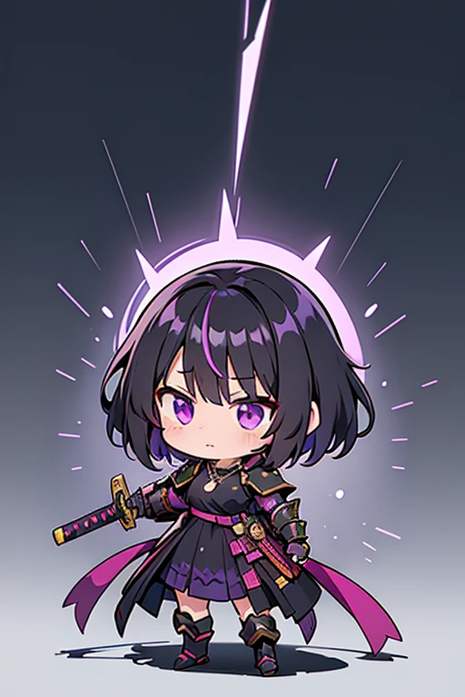 background shadow covered girl, covered in shadows, lack shadows in background Anime girls, carrying katana, anime, short black hair with neon purple highlights, hair is above shoulder height, smooth beautiful, 4k, anime art, pendant on hair, cross t necklace, vivid black purple dress, battle armor golden armor, little clothing