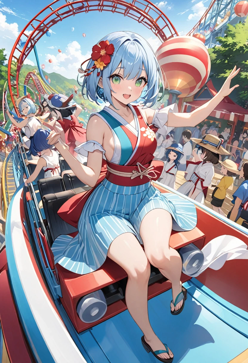 Highest quality、Light blue hair、Short Bob、Deep green eyes、Small breasts、Japanese summer festival costumes、Roller coaster、Daytime