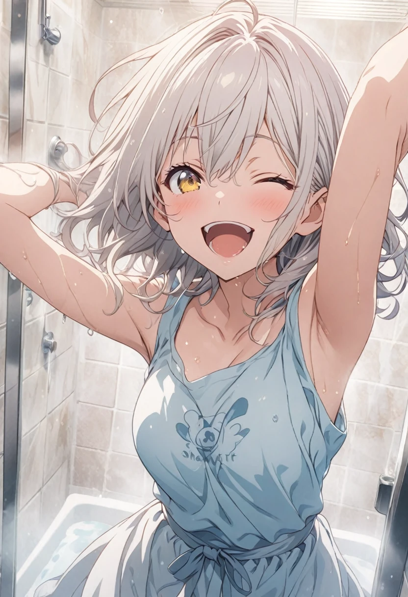 masterpiece, Highest quality, Highly detailed CG Unity 8k wallpaper, High School Girl Anime Illustration. Wear an oversized tank top、arms raised in the airポーズをする、she has her eyes closed and mouth open, smile. The background is a light pastel colored landscape., white hair color, Yellow Eyes, Cowboy Shot、Happy looking kitten, Taking a bath in the shower,