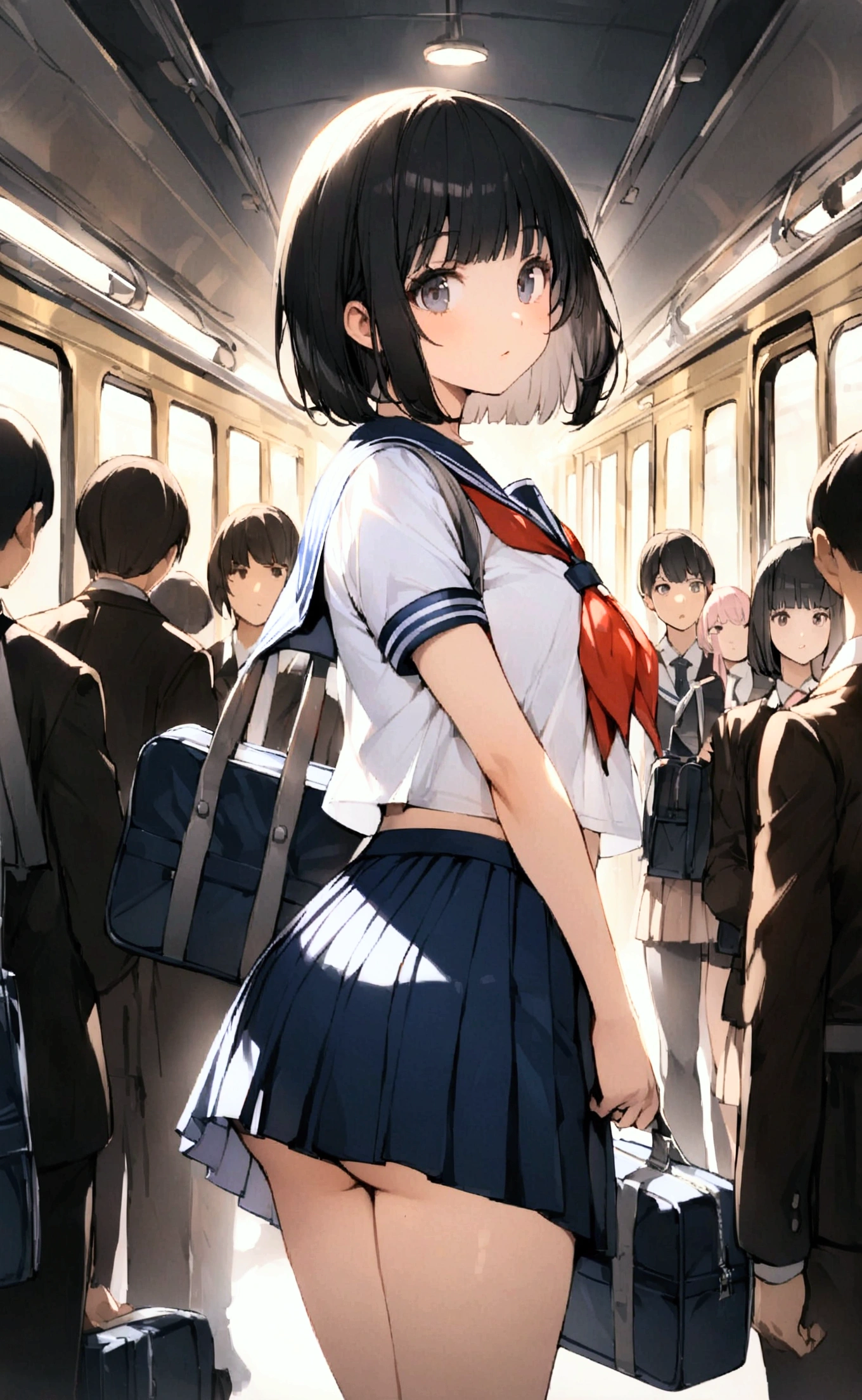 One Woman、crowd、Station platform、beautiful girl、Sailor suit、Pleated skirt、Hold a school bag with both hands、Age: 18、Bob Cut Hair, Highest quality, body type、Small 、Small ass、Black Hair,The train is coming