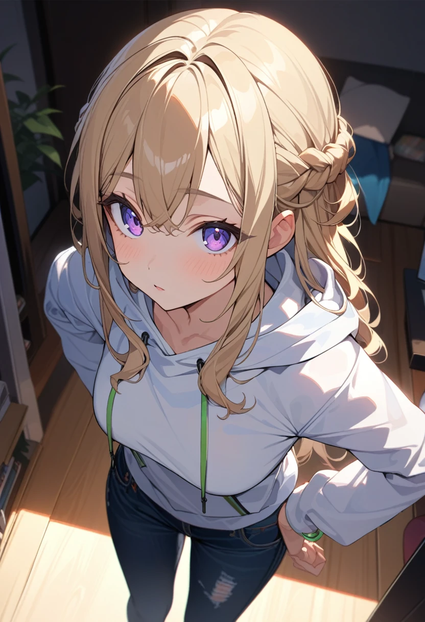 masterpiece, best quality, extremely detailed, ultra detailed, flat anime, 2D, 1girl, (young adult:1.2),blonde hair, (semi-long hair:1.2), curly hair, french braid, medium breasts, purple eyes, tsurime, height 1.7meters, white hooded sweatshirt, jeans,bracelet, long sleeves,socks,  full body,  portrait, Top Light, spotlight
, , very interesting, summer, livingroom, standing, from above