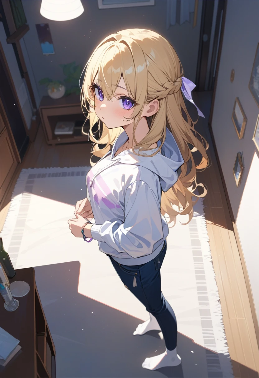masterpiece, best quality, extremely detailed, ultra detailed, flat anime, 2D, 1girl, (young adult:1.2),blonde hair, (semi-long hair:1.2), curly hair, french braid, medium breasts, purple eyes, tsurime, height 1.7meters, white hooded sweatshirt, jeans,bracelet, long sleeves,socks, full body, portrait, Top Light, spotlight
, , very interesting, summer, livingroom, standing, from above