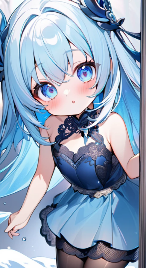 Ultimate Douluo Bai Xiuxiu，Goddess of Ice，Snow blue lace hollow camisole bra，Ice blue lace hip skirt，Navy blue suspender tight lace hollow evening dress，Ice blue hair，Exquisite beauty，Blushing Loli，Succubus