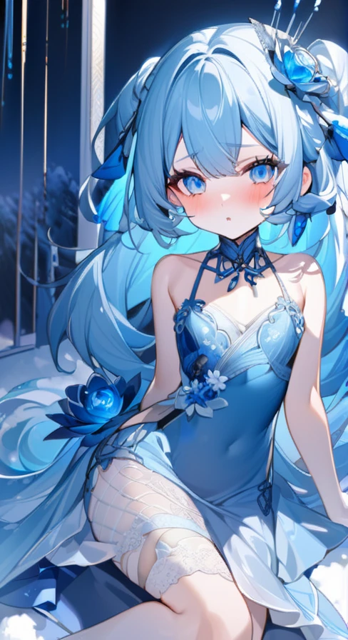 Ultimate Douluo Bai Xiuxiu,Goddess of Ice,Snow blue lace hollow camisole bra,Ice blue lace hip skirt,Navy blue suspender tight lace hollow evening dress,Ice blue hair,Exquisite beauty,Blushing Loli,Succubus