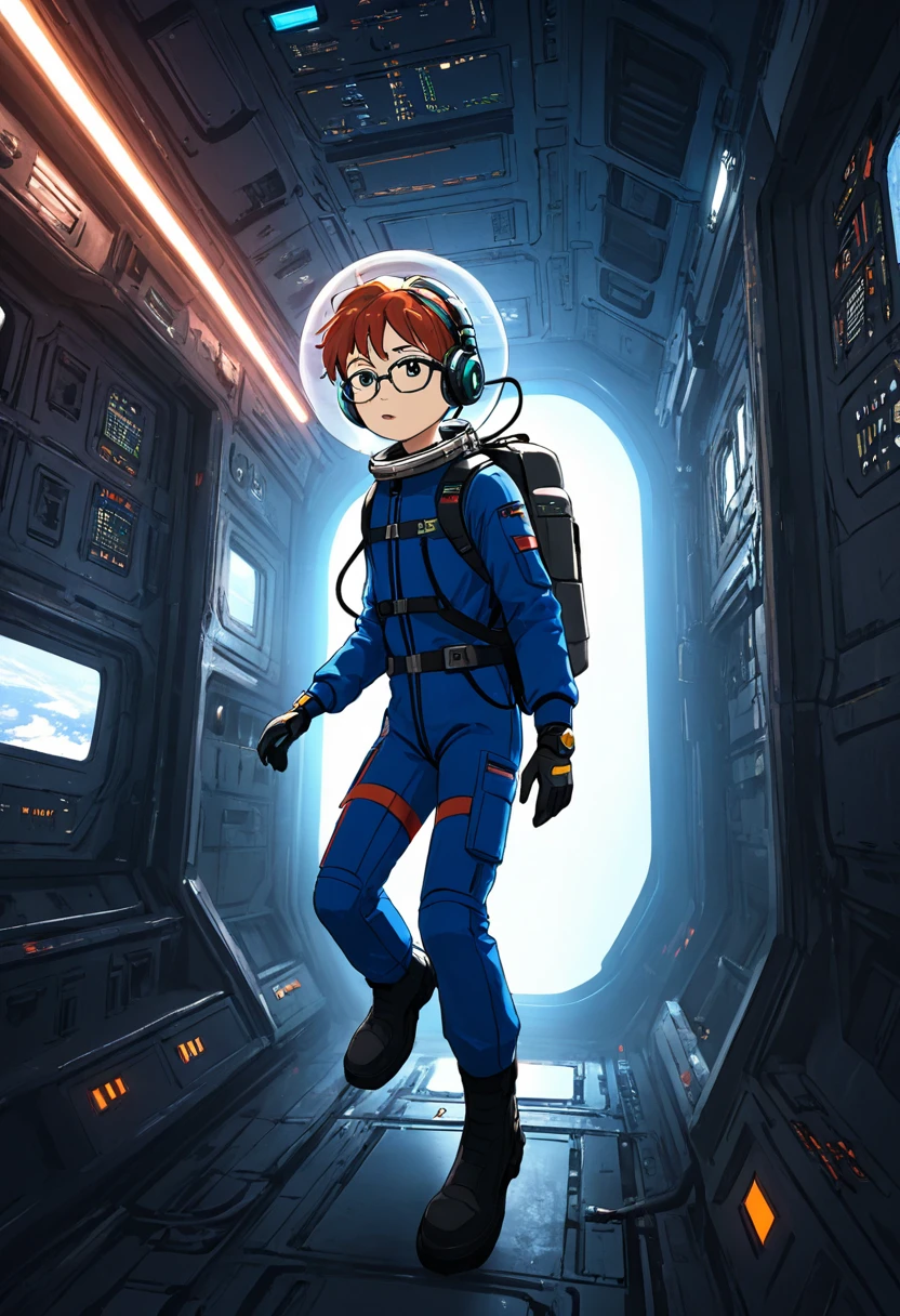 (spacesuit)), navy blue spacesuit, (dynamic pose:1.5), (best quality, masterpiece, absurdres, highres, ultra_detailed, dynamic angle:1.2), 1 girl, full body image of a young kid girl exploring a derelict spaceship, small stature, flat chest, floating in a derelict spaceship, exploring a derelict spaceship, outer space, levitating, cables, cramped corridor, damage, sci-fi console, glowing cybernetics, gloves, boots, backpack, air hose, pace helmet, face under glass, wearing glasses, ((headset with microphone)), derelict spaceship interior, hull breach, windows, in dynamic pose, walls covered with (glowing alien inscriptions:1.3), debris, dust, futuristic, sci-fi, (intricate details, hyperdetailed:1.15), (ultrahigh resolution textures), bokeh, floating, curious, nervous, scared, holding flashlights, kids, (volumetric, cinematic, dim red) lighting, volumetric lighting, zero gravity, depth of field, space, starfield