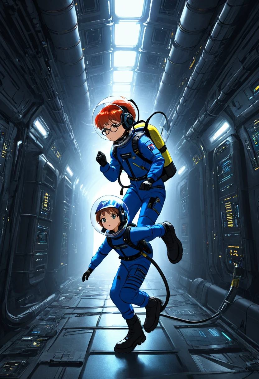 (spacesuit)), navy blue spacesuit, (dynamic pose:1.5), (best quality, masterpiece, absurdres, highres, ultra_detailed, dynamic angle:1.2), 1 girl, full body image of a young ??? girl exploring a derelict spaceship, small stature, flat chest, floating in a derelict spaceship, exploring a derelict spaceship, outer space, levitating, cables, cramped corridor, damage, sci-fi console, glowing cybernetics, gloves, boots, backpack, air hose, pace helmet, face under glass, wearing glasses, ((headset with microphone)), derelict spaceship interior, hull breach, windows, in dynamic pose, walls covered with (glowing alien inscriptions:1.3), debris, dust, futuristic, sci-fi, (intricate details, hyperdetailed:1.15), (ultrahigh resolution textures), bokeh, floating, curious, nervous, scared, holding flashlights, kids, (volumetric, cinematic, dim red) lighting, volumetric lighting, zero gravity, depth of field, space, starfield