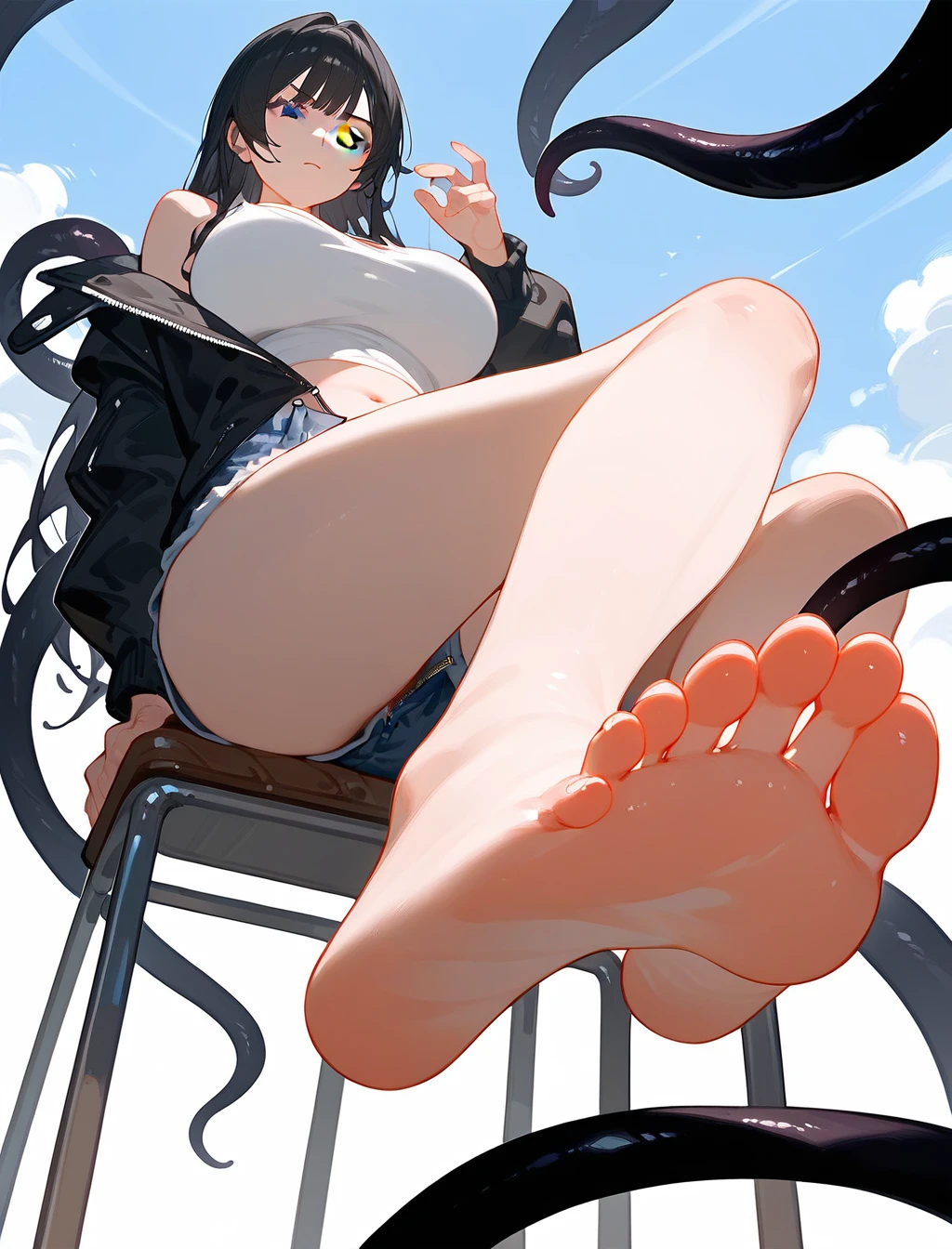 1 名妇女在sit on the chair露出Soles，sit on the chair，Low Angle，Trampling the audience，Two feet面向观众，front，Two feet，Close Range，barefoot，Soles，Foot Focus，White Belly Tank Top，Wearing an unzipped black jacket，Bangs, Long hair，Black hair，齐Bangs, Denim shorts，Anatomically correct, Big breasts(d), Mature，Contempt，Eyes look at the audience，Many thick black tentacle-like tails extended from the woman&#39;s back.，Detailed background，In the bedroom，Bedroom Background，ceiling，