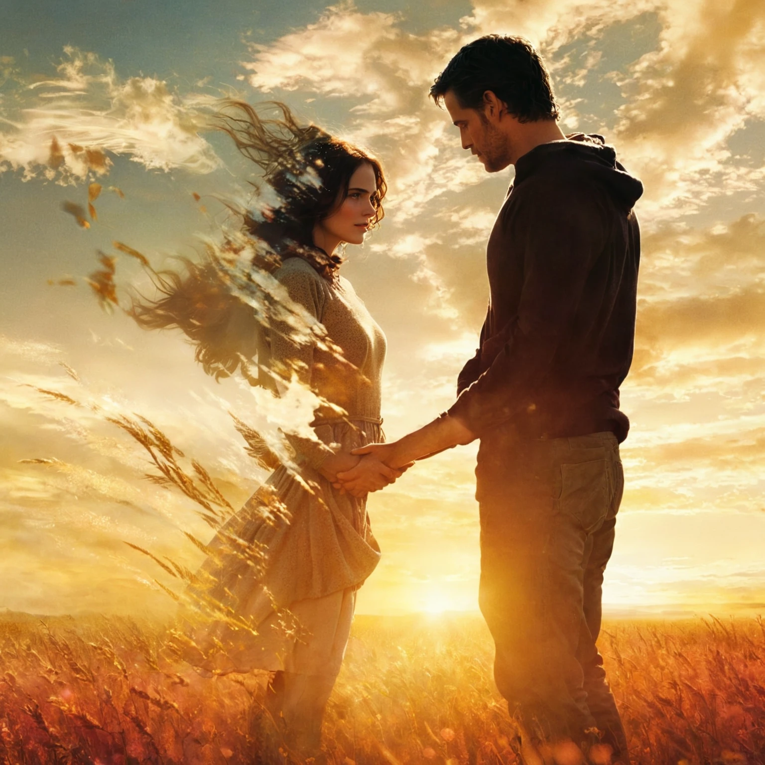 there is a man and a woman standing in a field, the most beautiful scene, wonderful scene, movie promotional image, cinematic movie image, warm beautiful scene, beautiful scene, the endless, 3 d movie still, film promotional still, hd movie photo, double exposure of love, magical scene, cinematic movie still, movie film still, mark brooks and brad kunkle