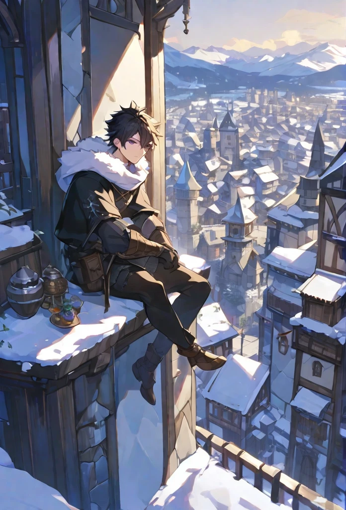 alone, 1 male, Short black hair, Purple eyes, Black Shirt,middle ages、A city with a snowy mountain in the background、Big tower in the center of town、white fur hood, Sniper