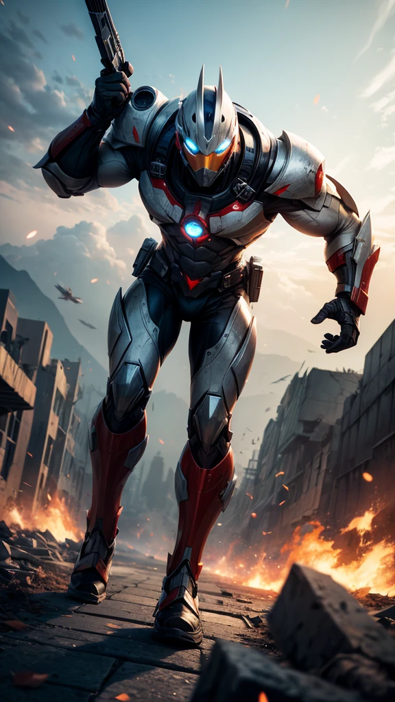 (masterpiece, Best image quality),One boy, A hero with a white base, (Dynamic pose | Element Surround:1.2), Low angle view, Super detailed, Ruins of the battle, intense, shock wave, Outdoor, Battlefield Background,Guardian of the City