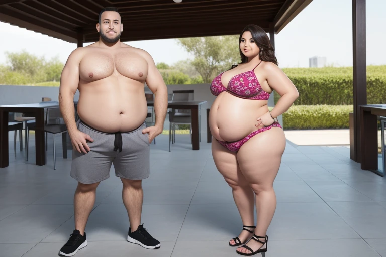 a big belly man and a big belly woman, full body shot
