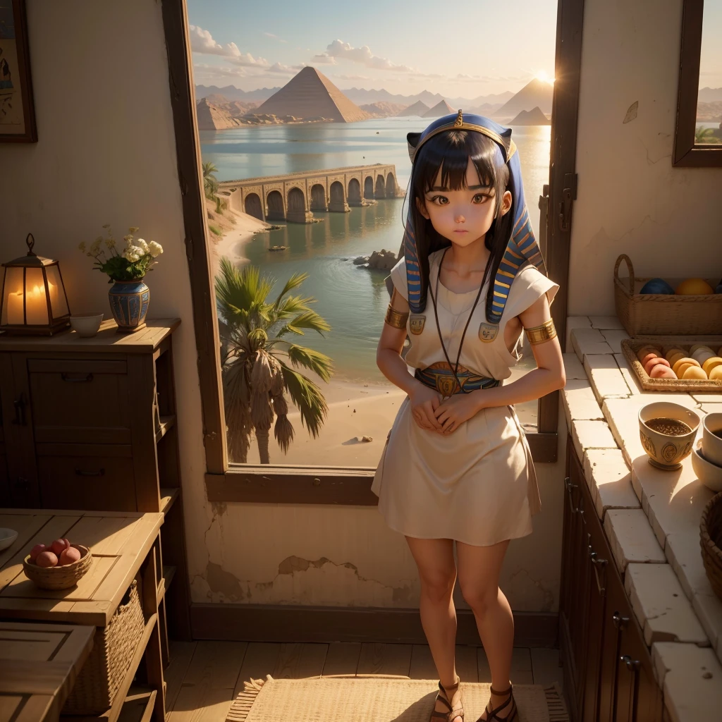 かわいいAncient Egyptの15歳の女の子、Ancient Egypt、View of the Nile、A colorful view of the whole、whole body、Low - Angle、Standing posture、Reeds are growing、Ancient Egyptの船、Ancient Egyptの風景、Sunset、