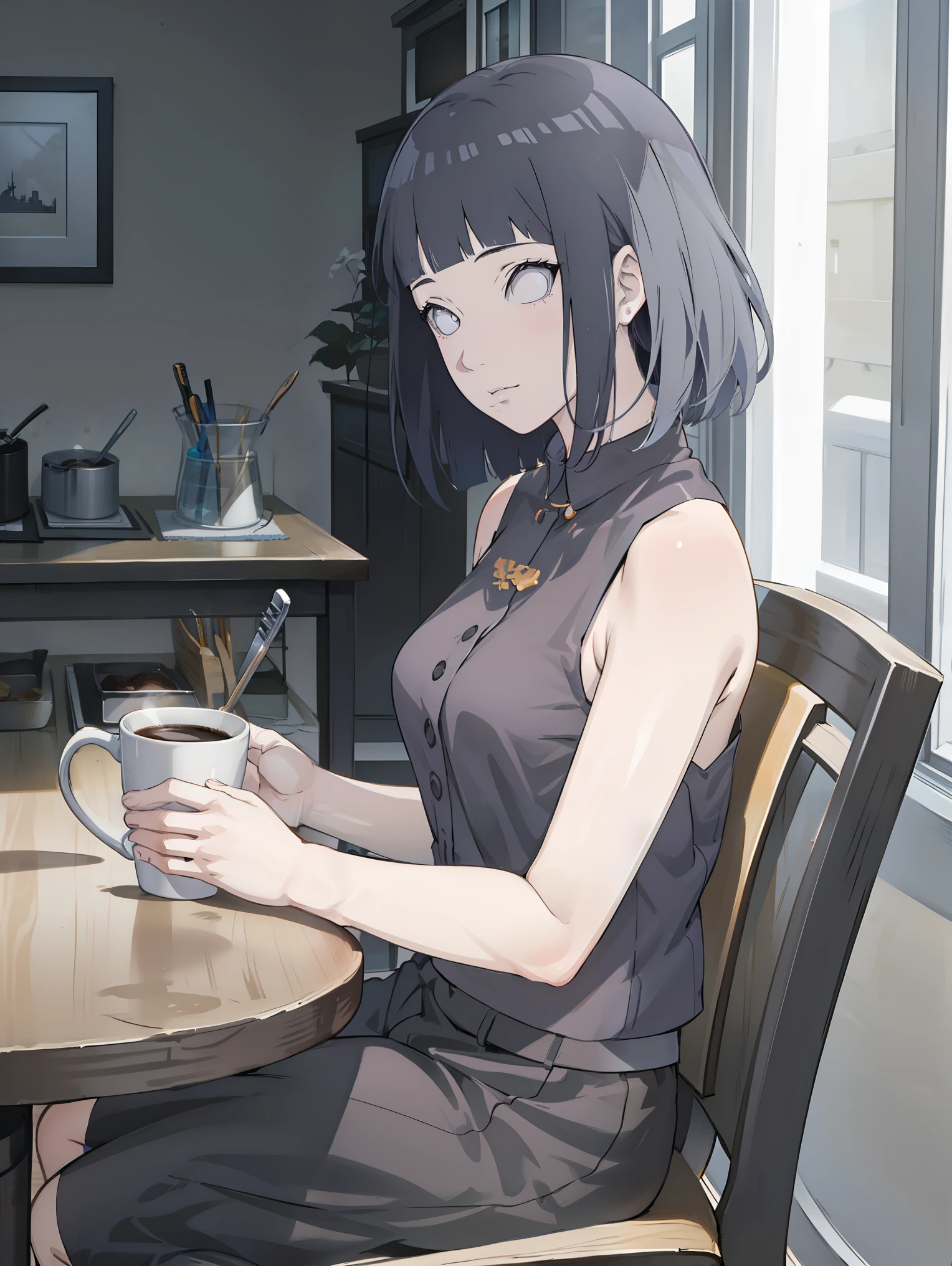 anime girl sitting on a chair with a cup of coffee, an anime drawing by Shitao, pixiv, gothic art, guweiz, artwork in the style of guweiz, guweiz on pixiv artstation, guweiz on artstation pixiv, white haired deity, guweiz masterpiece, best anime 4k konachan wallpaper, hinata\(boruto\), 1girl, solo,mature female,medium breast,