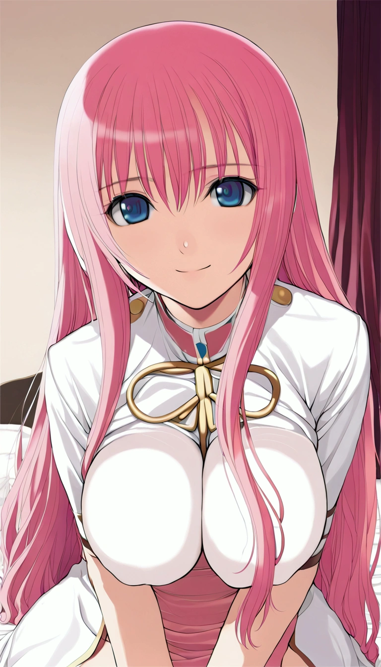 masterpiece ,Megurine Luka,E cup breasts,Pink long hair,blue eyes,uniform,smile,bedroom,