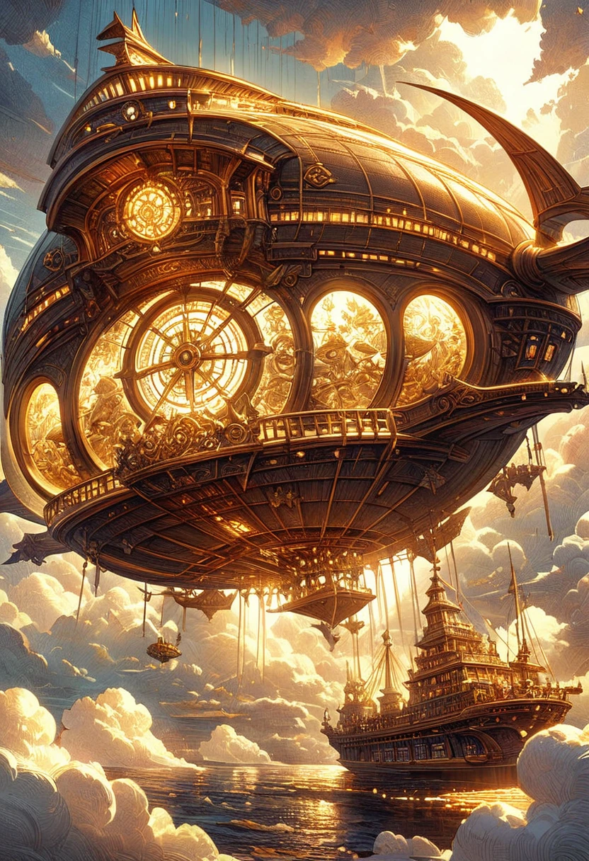 A beautiful ivory and gold airship floats gracefully among the clouds.. The airship has an ivory body and intricate detailing with gold accents.。. The craftsmanship is of the highest quality, Exquisite carvings and intricate patterns. The clouds surrounding the airship create a dreamy, fantastical atmosphere.. The sunlight filters through the clouds, Casts a golden glow on the airship. The scene is captured in the medium of digital illustration., Combining photo realism with the artistic touch of concept art. The colors are vibrant and vivid, Warm colour palette with gold and ivory tones. The lighting is soft、And it's dramatic., Highlight the elegance and grandeur of the airship. Overall image quality is exceptional, Ultra-detailed elements and high-resolution rendering. Every detail, indivual々From clouds to the smallest gold decorations, Perfectly expressed. This prompt is、It has been carefully designed to create a visually stunning and awe-inspiring image of an ivory and gold airship floating amongst the clouds.。.