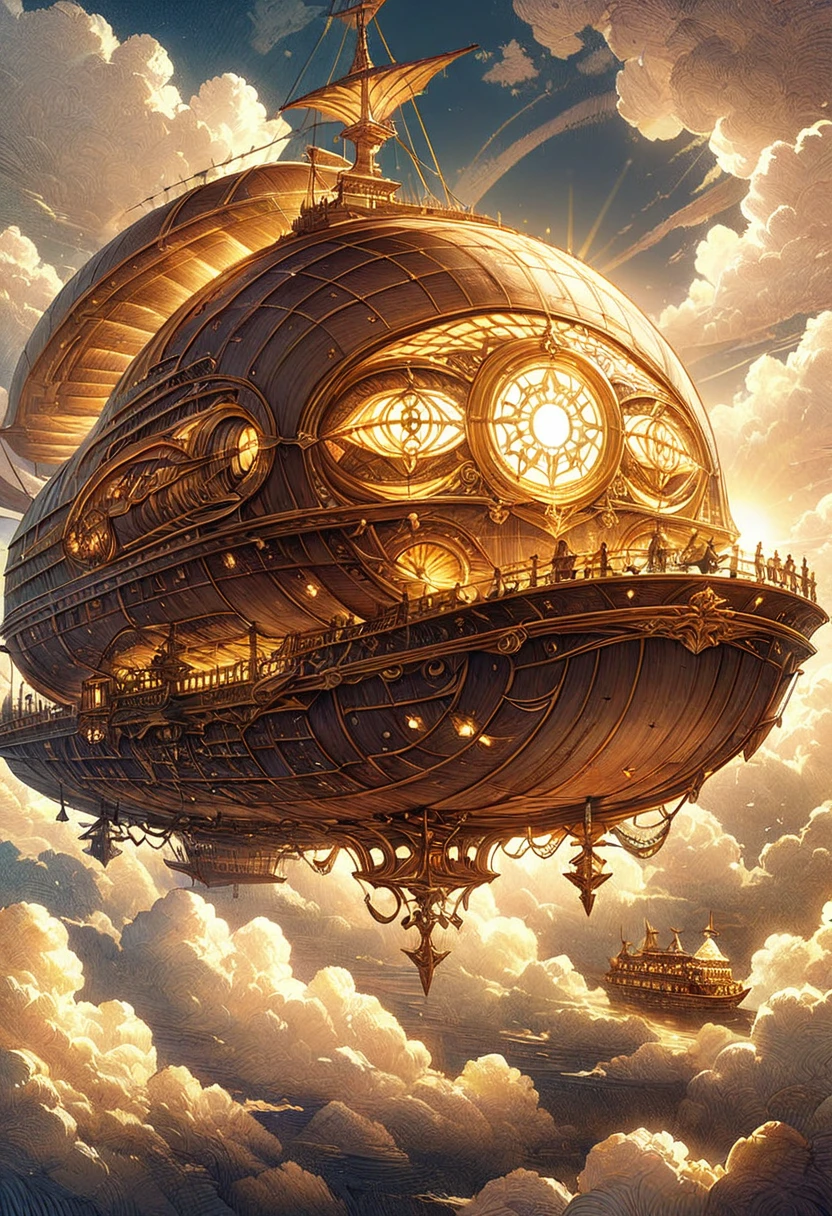 A beautiful ivory and gold airship floats gracefully among the clouds.. The airship has an ivory body and intricate detailing with gold accents.。. The craftsmanship is of the highest quality, Exquisite carvings and intricate patterns. The clouds surrounding the airship create a dreamy, fantastical atmosphere.. The sunlight filters through the clouds, Casts a golden glow on the airship. The scene is captured in the medium of digital illustration., Combining photo realism with the artistic touch of concept art. The colors are vibrant and vivid, Warm colour palette with gold and ivory tones. The lighting is soft、And it's dramatic., Highlight the elegance and grandeur of the airship. Overall image quality is exceptional, Ultra-detailed elements and high-resolution rendering. Every detail, indivual々From clouds to the smallest gold decorations, Perfectly expressed. This prompt is、It has been carefully designed to create a visually stunning and awe-inspiring image of an ivory and gold airship floating amongst the clouds.。.