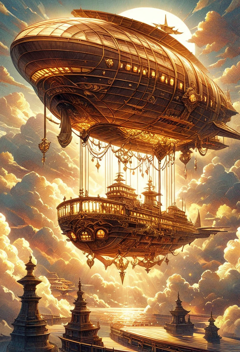 A beautiful ivory and gold airship floats gracefully among the clouds.. The airship has an ivory body and intricate detailing with gold accents.。. The craftsmanship is of the highest quality, Exquisite carvings and intricate patterns. The clouds surrounding the airship create a dreamy, fantastical atmosphere.. The sunlight filters through the clouds, Casts a golden glow on the airship. The scene is captured in the medium of digital illustration., Combining photo realism with the artistic touch of concept art. The colors are vibrant and vivid, Warm colour palette with gold and ivory tones. The lighting is soft、And it's dramatic., Highlight the elegance and grandeur of the airship. Overall image quality is exceptional, Ultra-detailed elements and high-resolution rendering. Every detail, indivual々From clouds to the smallest gold decorations, Perfectly expressed. This prompt is、It has been carefully designed to create a visually stunning and awe-inspiring image of an ivory and gold airship floating amongst the clouds.。.