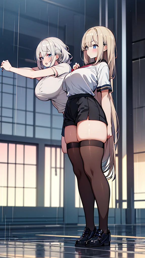 Full body image, front, One girl, 18-year-old, Mix 4, (32K, RAW Photos, Highest quality, masterpiece:1.2), (Anime-like, photoAnime-like:1.37), cute, Short sleeve T-shirt,Shorts,Black knee socks, night, rain, Humidity, Professional Lighting, Photon Mapping, Radio City, Physically Based Rendering, Super Resolution, (Big Breasts:1.2), {{The biological weapon that had preyed on the younger sister took her place and reunited with the older brother, The rebellious little sister has become the obedient little sister}}, Girl Skull, whole body, NSFW