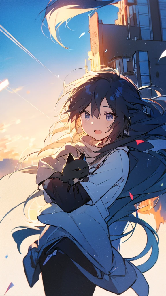 Buildings,sunset,Blue background,splash,Black haired girl with cat,Long Hair,