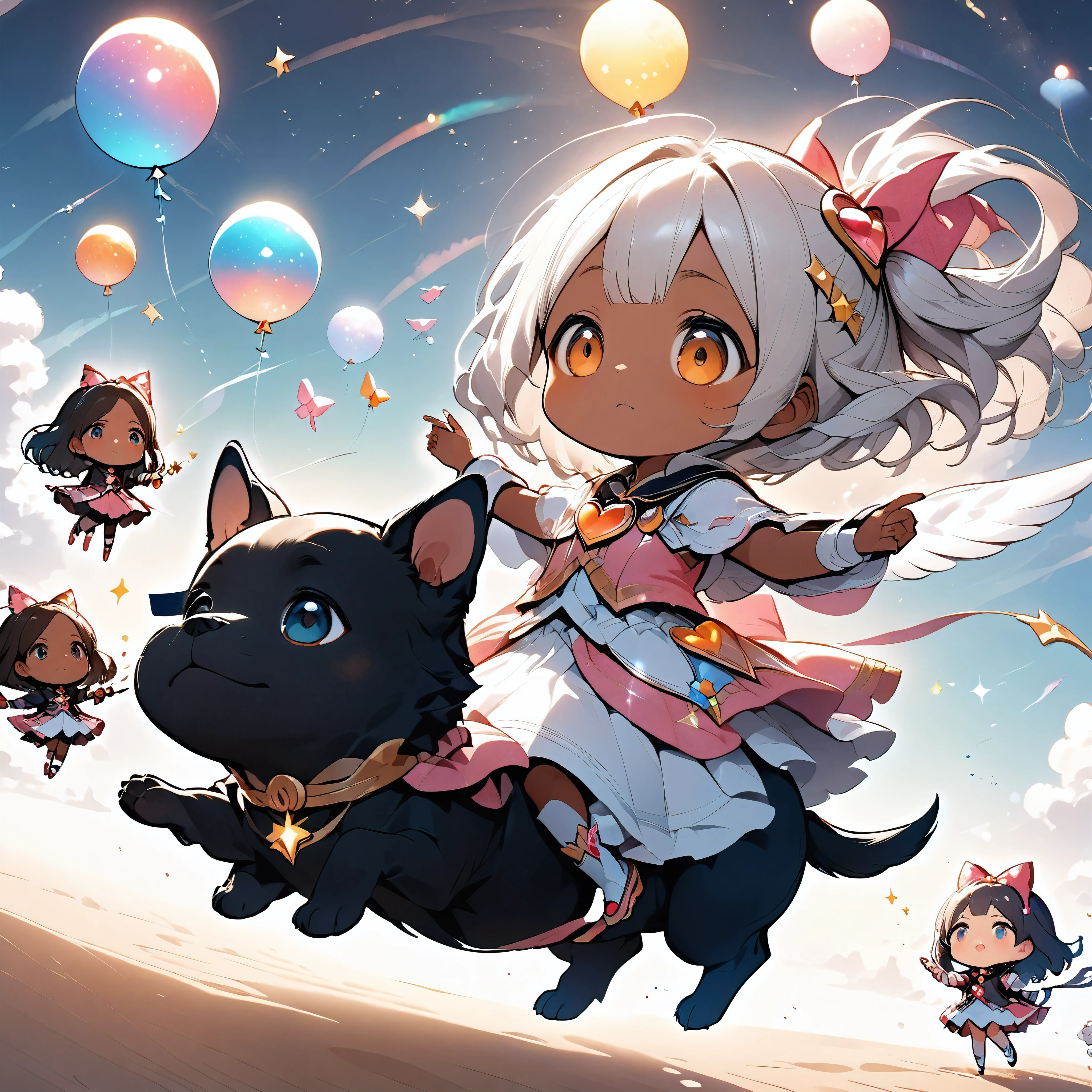 Two girls riding a flying puppy, Two people get along well, Flying in the sky on a puppy, Detailed description of the first person, dark skinned female, Cute shy, hzk, BREAK Detailed explanation of the second person, Magical Girl, curious girl, ARW,