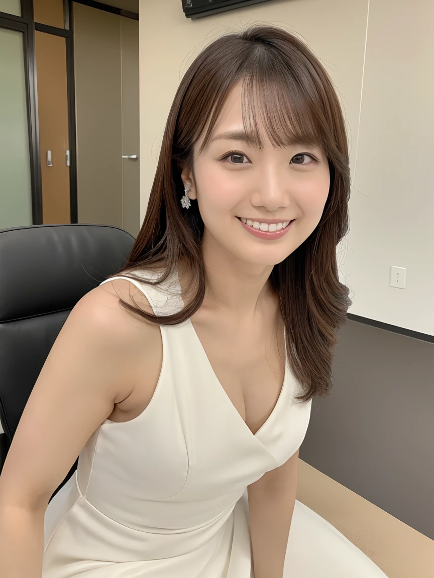 Tabletop, 最high quality, Realistic, In detail, High resolution,Beautiful Japanese Woman,Beautiful attention to detail, Beautiful lip detail, Very detailed顔, Small Head, Small areola, Cinema Lighting, Realistic, 8k, high quality, Very detailed, look at me,smile,(White dress ),Long Hair,(Random outdoor locations),(Big Breasts:0.7),(Inoue Kiyokana),whole body, (Breast bulge:0.7),thin,(Front view,throw)、Overall View(Sitting in a chair)