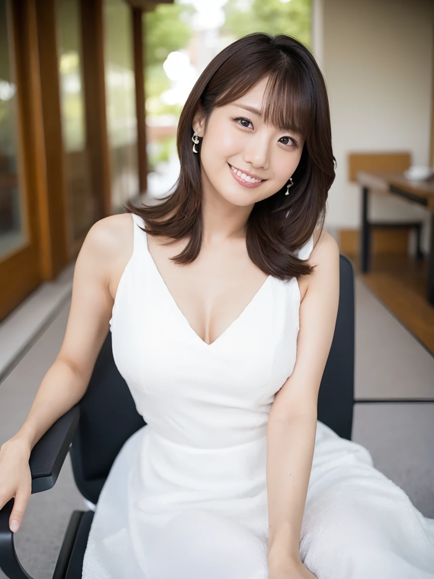 Tabletop, 最high quality, Realistic, In detail, High resolution,Beautiful Japanese Woman,Beautiful attention to detail, Beautiful lip detail, Very detailed顔, Small Head, Small areola, Cinema Lighting, Realistic, 8k, high quality, Very detailed, look at me,smile,(White dress ),Long Hair,(Random outdoor locations),(Big Breasts:0.7),(Inoue Kiyokana),whole body, (Breast bulge:0.7),thin,(Front view,throw)、Overall View(Sitting in a chair)