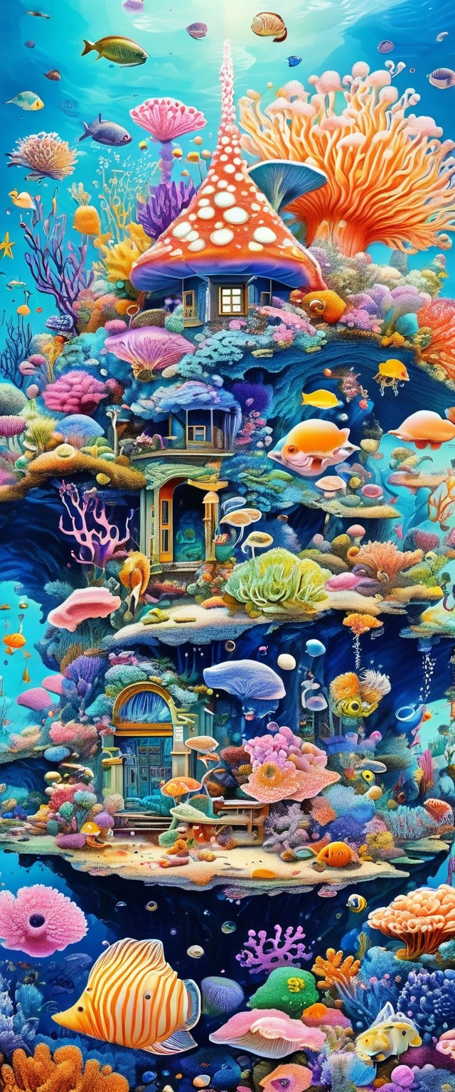 Strong visual fusion of multiple elements，Broto，来自Star的艺术家，Conch House：1.37、Eye、Star、cloud、Spore powder、Marine microbes、Soft coral、sea anemone，Describing the inner world of autistic people，密集Pointillism method。Smooth lines。interesting，Strange illustration。Pointillism method。Strong contrast。Award-winning works。
