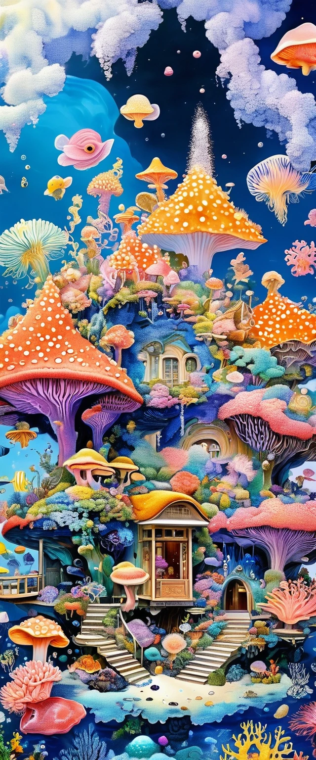 Strong visual fusion of multiple elements，Broto，来自Star的艺术家，Conch House：1.37、Eye、Star、cloud、Spore powder、Marine microbes、Soft coral、sea anemone，Describing the inner world of autistic people，密集Pointillism method。Smooth lines。interesting，Strange illustration。Pointillism method。Strong contrast。Award-winning works。