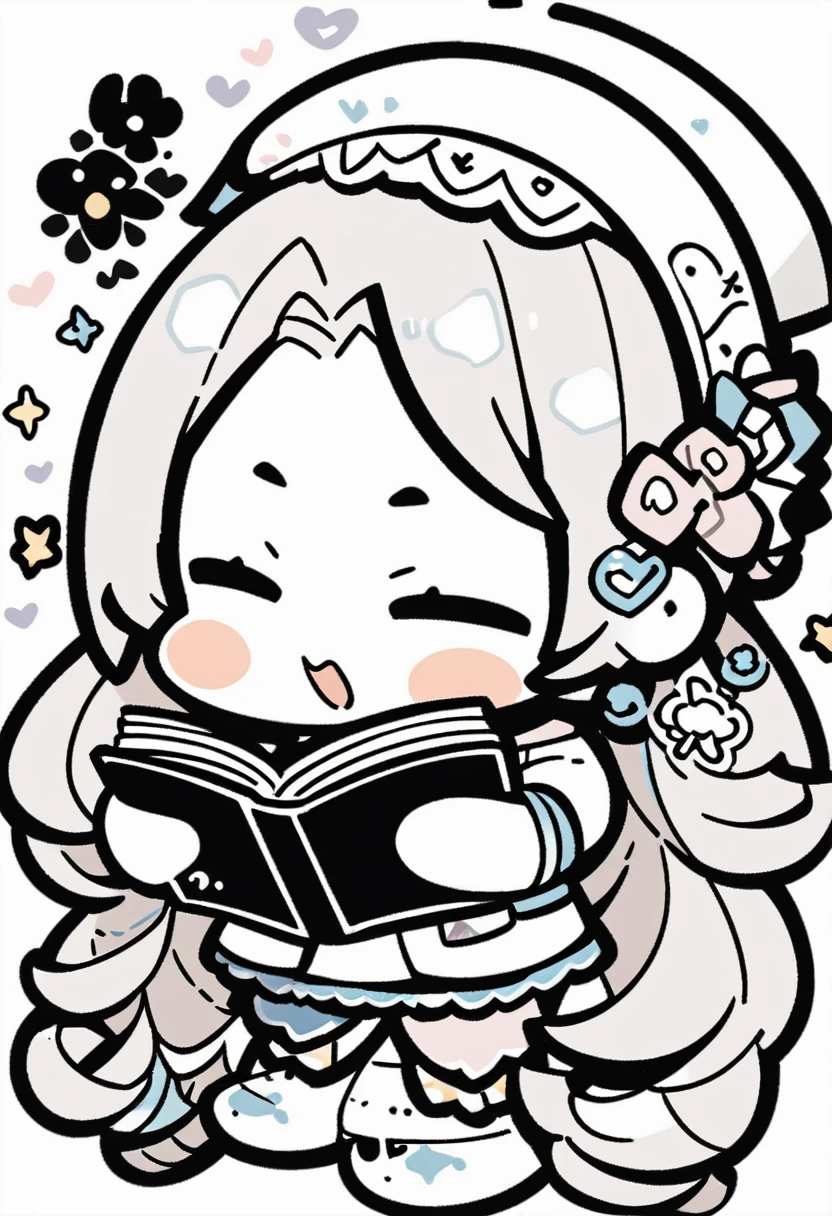 ((sticker)), line art, thick lines, ((No background)), ((White background)), (((doodle))), chibi girl reading a book