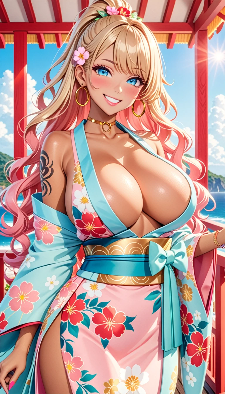 ultra-detailed, ((one girl)), ((portrait)), (tan skin:1.4), in pastel colors gyaru, (heavy makeup), (professional lighting) hyper detailed, absurdres, 8k, Beautiful Face, (Laugh shyly), ((teasing smile:1.8)), ((happy smile:1.1)), ((Wink:1.4)), (Laugh with your mouth wide open),((Tilt your face:1.6)), View your viewers, ((Bright red cheeks:1.6)),Glossy shocking pink lips, ((huge breasts:1.5)), undressing, ((She is undressed and showing her shoulders:1.2)), ((Her tattoo peeked through her kimono:1.2)), noon, summer, Luxury resort with ocean view, ((Anime style background)),masterpiece, Highest quality, (Brighten your face), so beautiful,Latest, Complex details, ((fluorescent pink long nail:1.2)), (ring),(bracelet), (Floral Choker),AI-generated, Complex,High resolution, Highest quality, super high quality,3D Images、3D Images,One person, (blond long hair), (High Ponytail), (wavy hair:1.4), Anime woman posing for a photo, ((Fine grain、blue eyes、glowing eyes:1.4)), (Squint your eyes:1.1),a hyperRealistic , hyperRealistic , Realistic,Anime woman with long honey blonde hair, Smooth anime CG art, A girl in a gorgeous pastel-colored kimono, ((Pastel-colored furisode)),(Pink large floral pattern), (sideboob), Long flower hair ornament,large gold hoop earrings, Mature Body, tall,Narrow waist, front view,