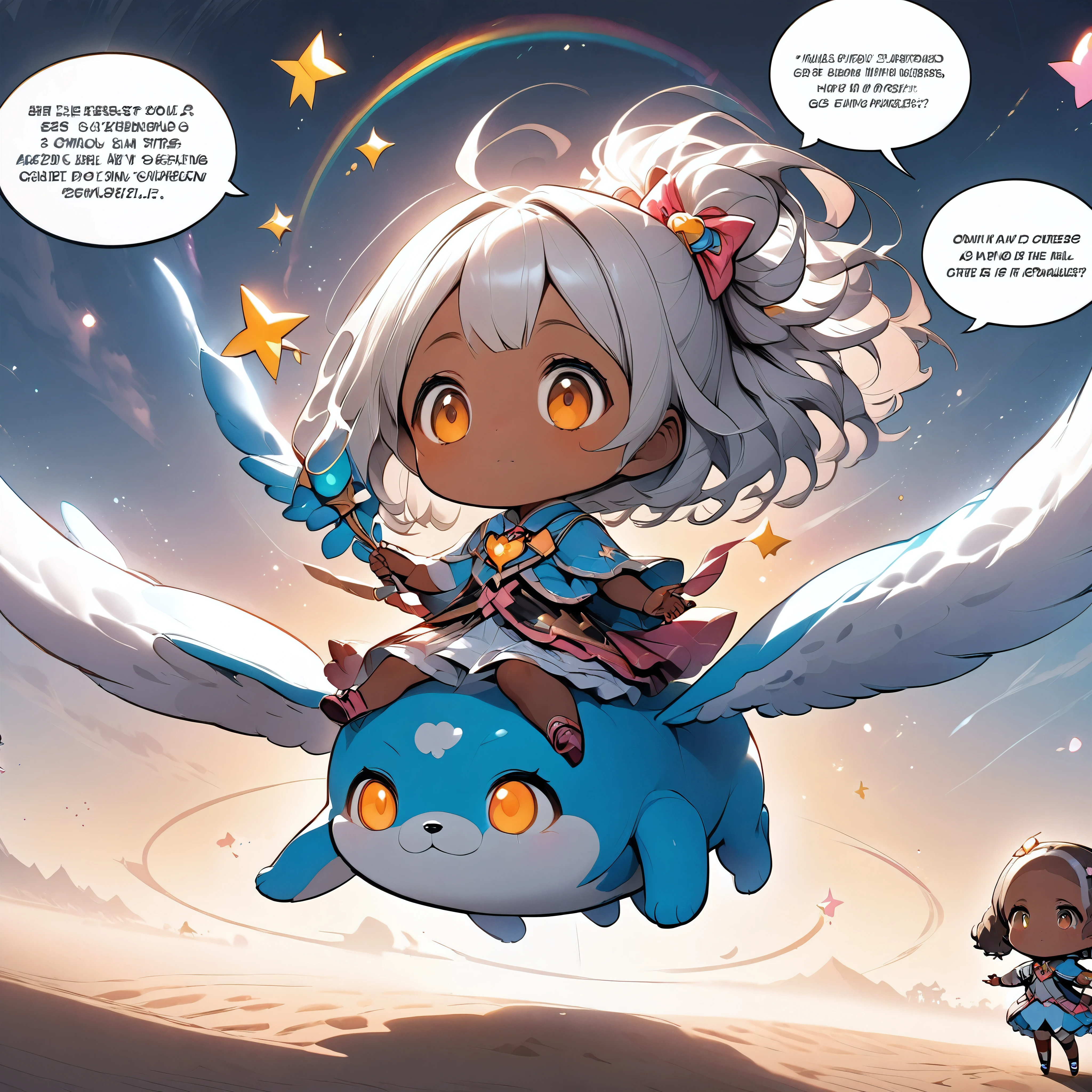 Two girls riding on a flying puppy, Detailed description of the first person, dark skinned female, Cute shy, hzk, BREAK Detailed explanation of the second person, Magical Girl, curious girl, ARW,