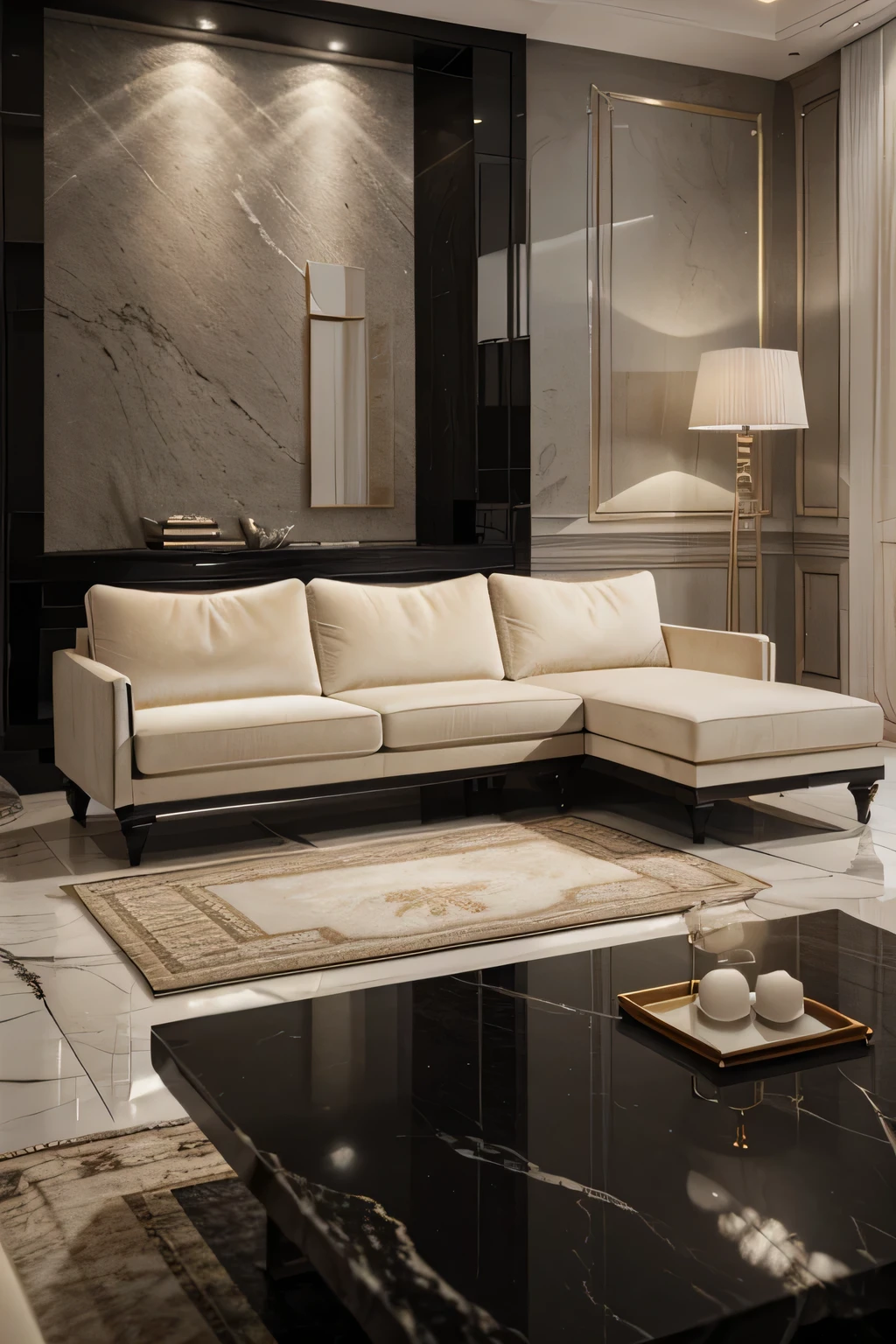 Professional 3D architecture rendering design of modern and French light cream velvet sofa with black slab stone middle table and high details and quality 