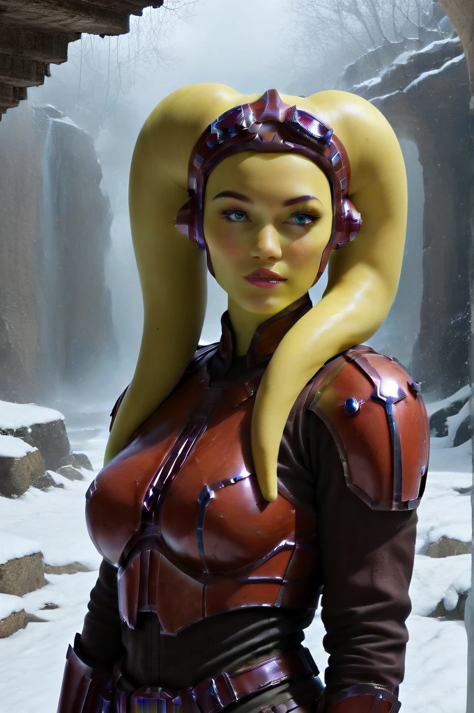 a ((fall body)) (((hera syndulla))) ((green skin )) ((female twi'lek ))mandalorian,walking on snow coverd ruins , ((green fire eyes )) , beautiful detailed eyes, beautiful detailed lips, extremely detailed face, long eyelashes, mandalorian armor, sci-fi, cinematic lighting, dramatic, epic, intricate details, hyper-realistic, 8k, high-quality, photorealistic
