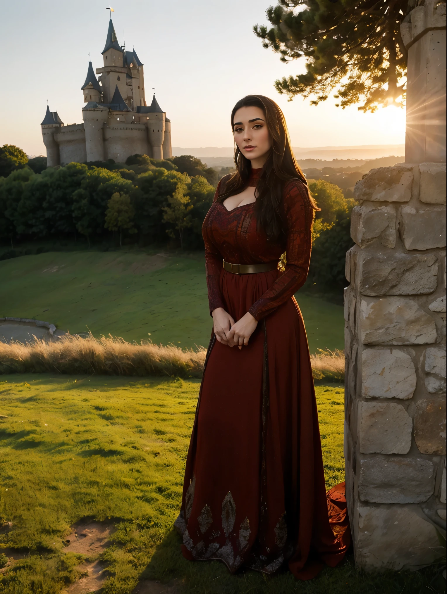 Gorgeous and sultry busty athletic (thin) brunette queen with sharp facial features wearing a modest updo, dark red medieval dress, long sleeves, intricate patterns, scrollwork, wide neck, crown, veil, long dress, modest dress, tight bodice, silver belt, (waist chain), medieval jewelry, Middle Ages, castle, rampart, wall, exterior, on top of a castle wall, trees, countryside, evening, sunset. large breasts.